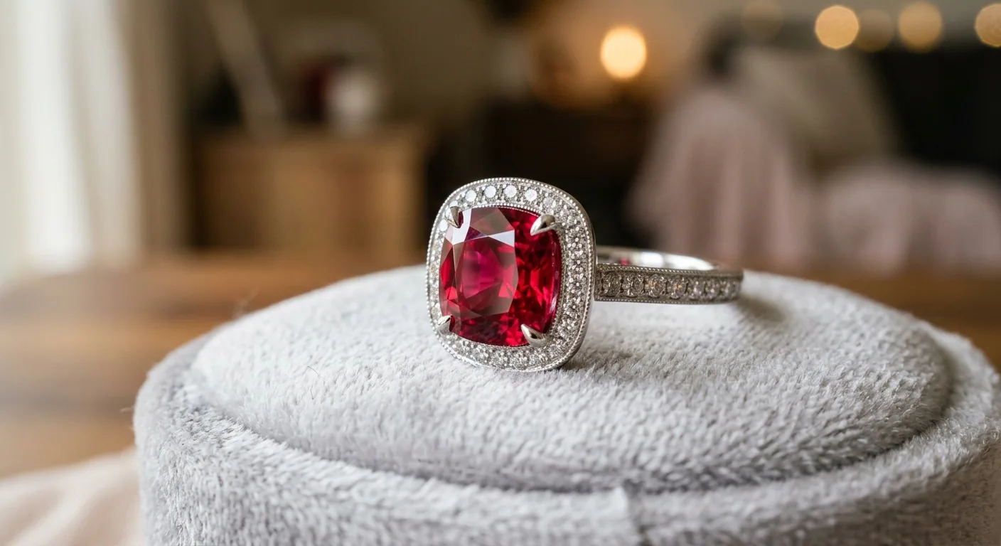 Cushion cut red spinel set as the centre stone of a platinum engagement ring with a diamond halo