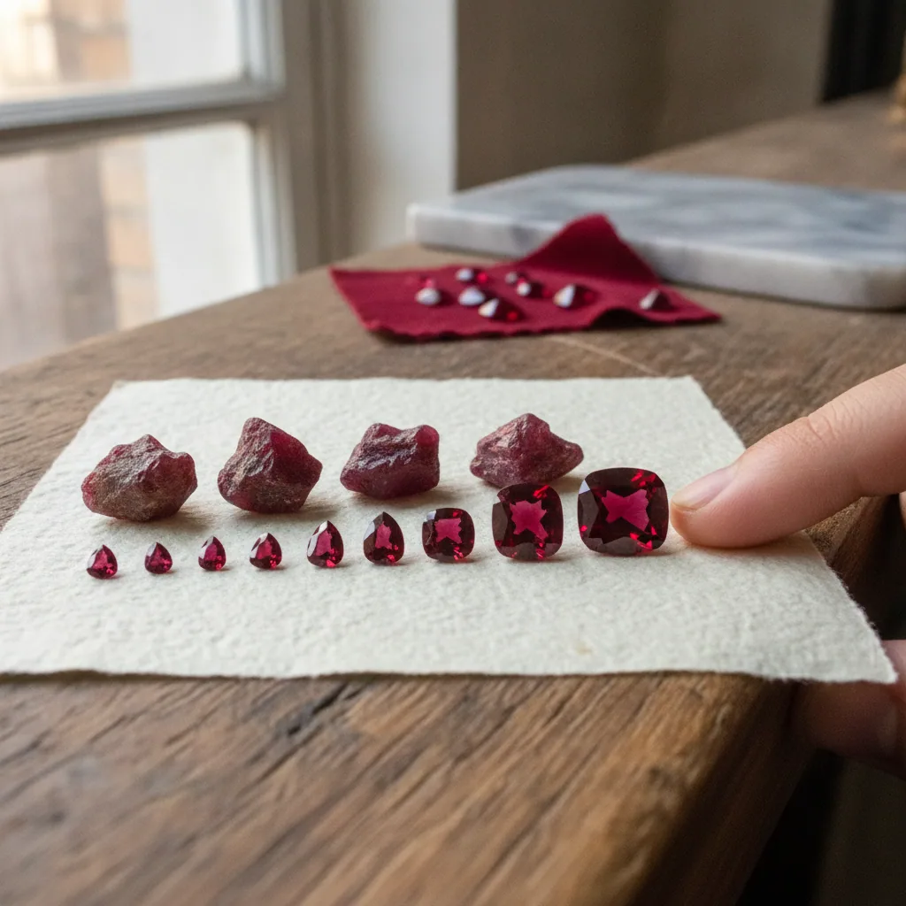 Red spinel rough next to a graduated row of cut stones showing how price climbs with size