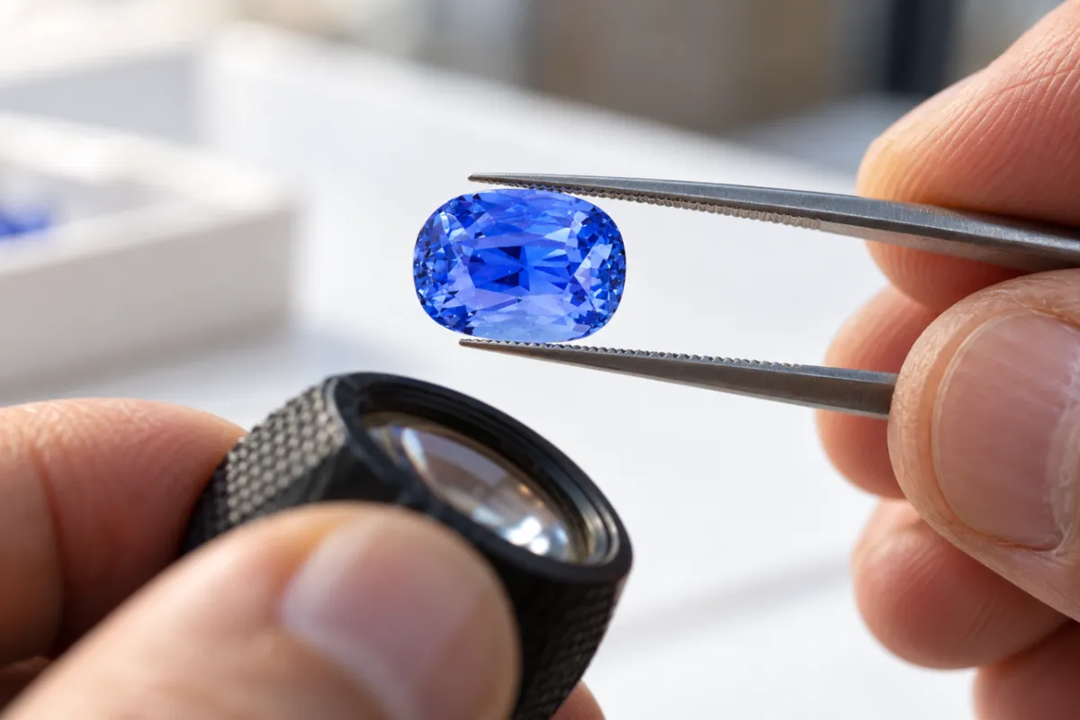A loose oval blue sapphire held in steel tweezers above a black jeweller's loupe.
