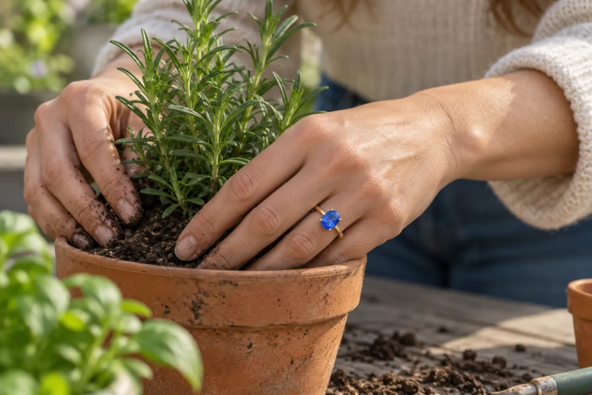 Hands potting a rosemary plant in a terracotta pot, with an oval blue sapphire ring on the left hand.