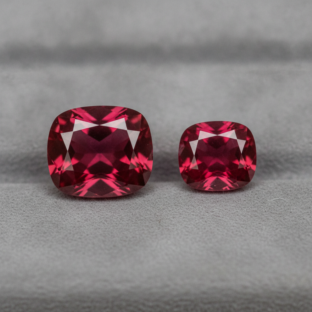 A red spinel beside a ruby of similar size and color, near indistinguishable to the eye