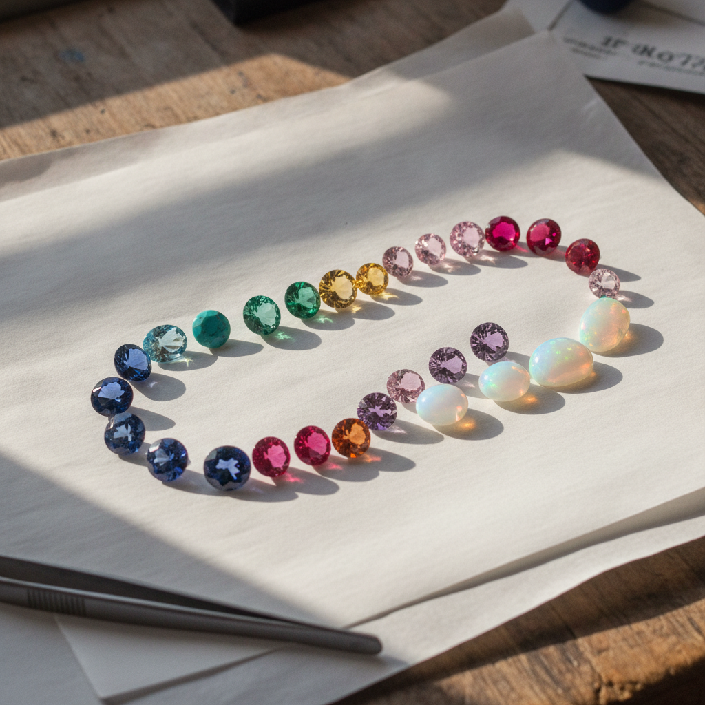 Loose cut gemstones curved in an arc on gem paper on a wooden bench, sapphires, tourmalines, garnets, amethysts and opals together