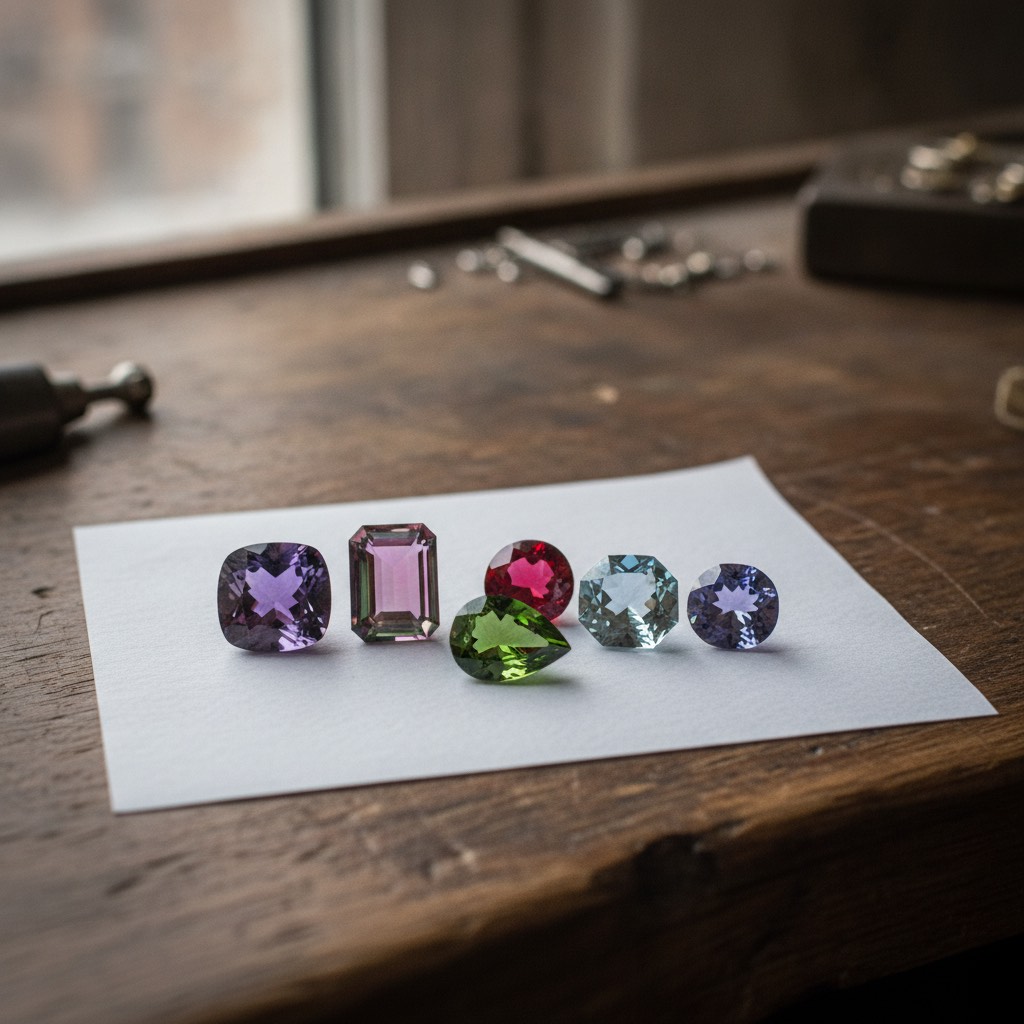 Six loose cut stones on gem paper, amethyst, pink tourmaline, red spinel, peridot, aquamarine and tanzanite, all filed as semi-precious