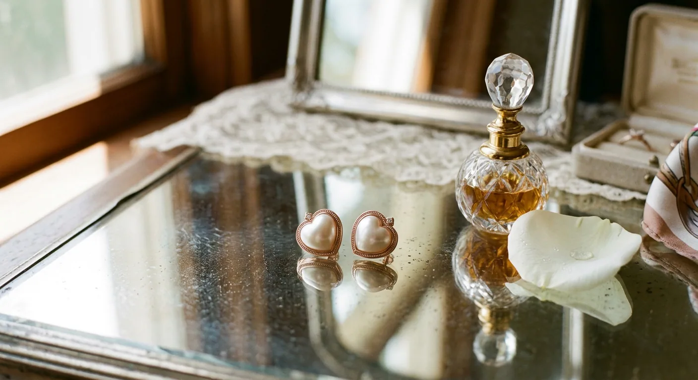 Heart-shaped pearl earrings displayed on a vintage mirrored vanity, symbolizing love and sophistication.