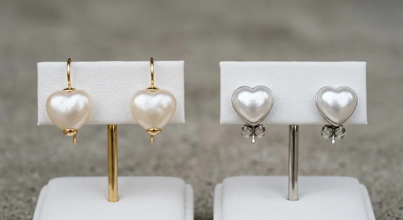Two pairs of heart-shaped pearl earrings side-by-side, showcasing the difference between Freshwater and Akoya pearl luster.