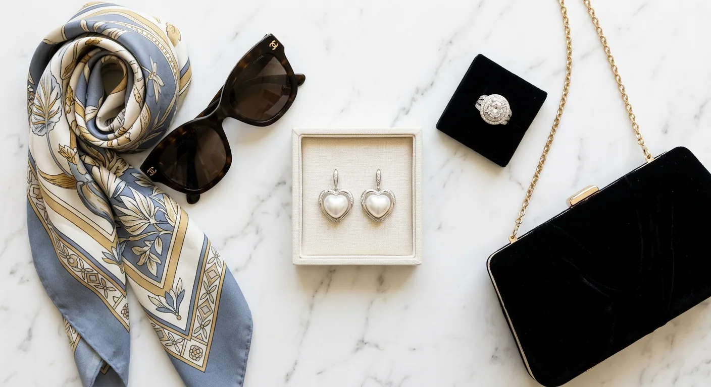 A flat lay composition showing heart-shaped pearl earrings styled with a casual silk scarf and an elegant evening clutch.