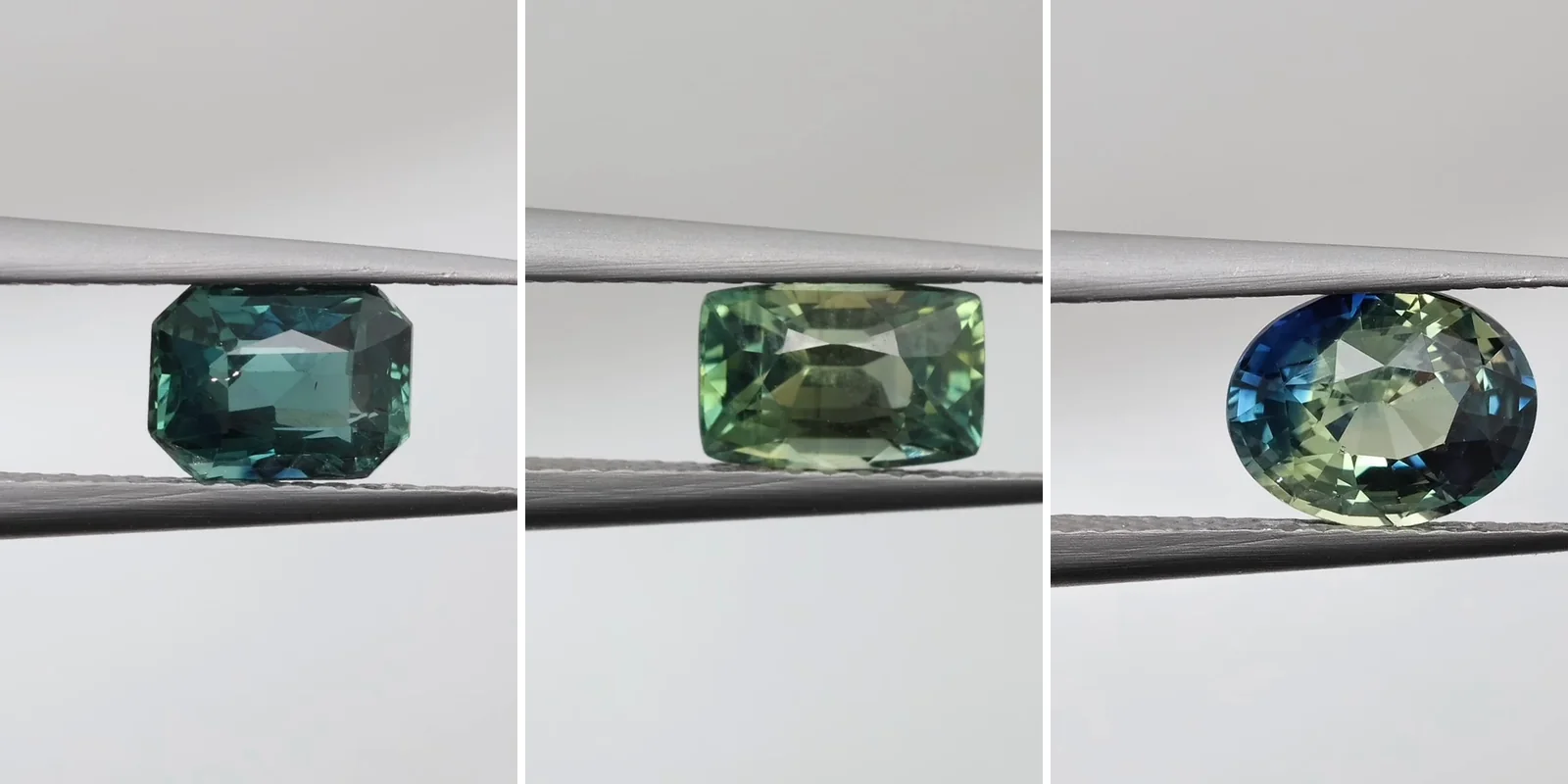 Three loose sapphires held in tweezers: an even blue-green radiant cut, a light yellowish green cushion, and an oval with a blue zone next to a pale yellow-green zone