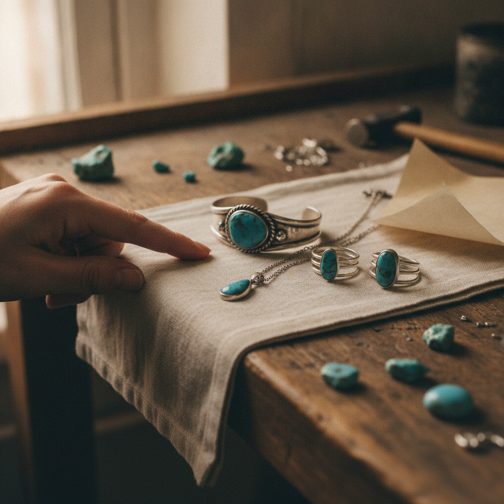 Silver turquoise cuff, two rings and a teardrop pendant laid out on linen at a workbench, with rough turquoise nuggets scattered around them