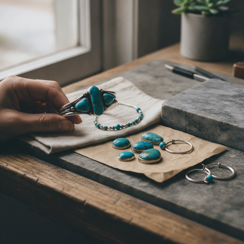 A hand lifting a three-stone silver turquoise cuff beside loose turquoise cabochons on a paper parcel and two small silver hoops