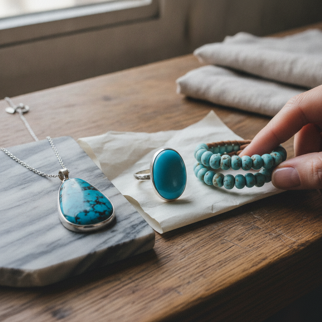 A spiderweb-matrix turquoise pendant, a solid blue cabochon ring and a strand of pale mottled turquoise beads side by side