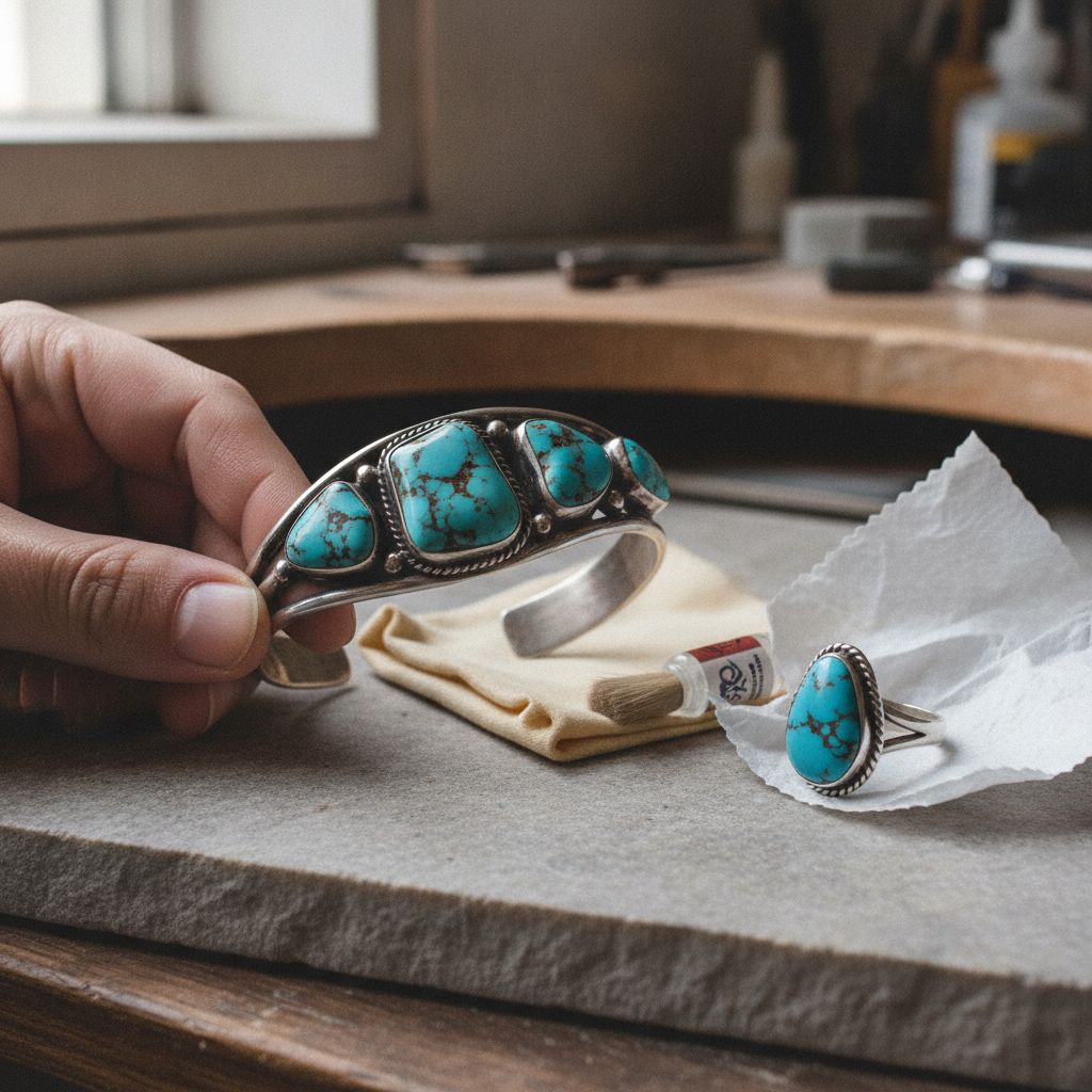 A hand holding a silver and turquoise cuff above a soft polishing cloth and a brush on a jeweller's bench