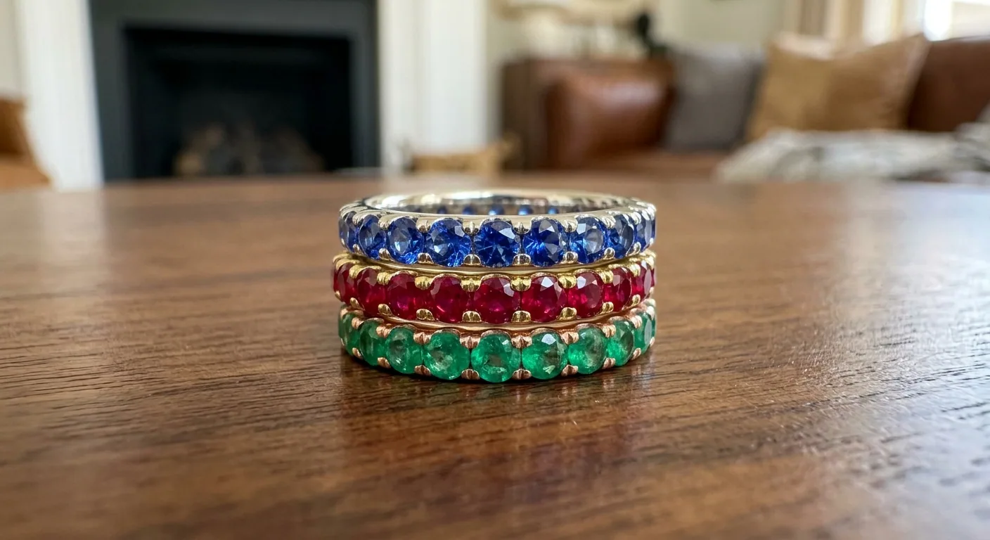 Three coloured gemstone bands set with blue sapphire, red ruby and green emerald