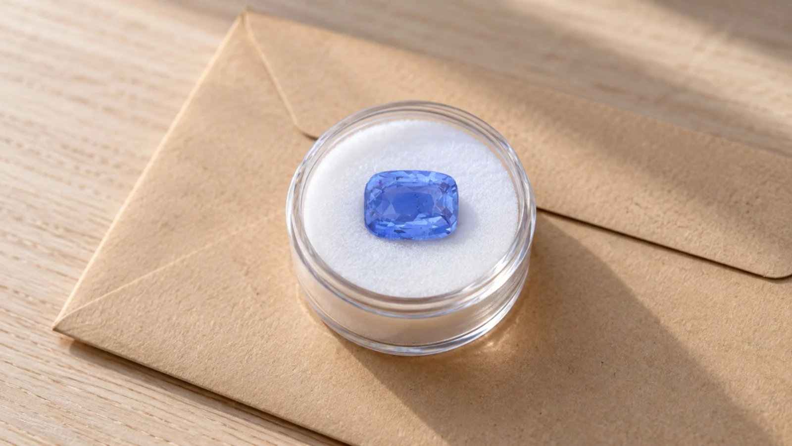 A blue cushion sapphire in a small round gem jar placed on a plain closed envelope