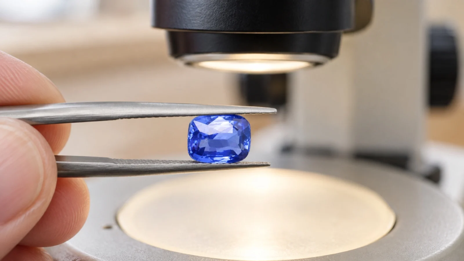 A blue cushion sapphire held in tweezers under the lens of a stereo microscope