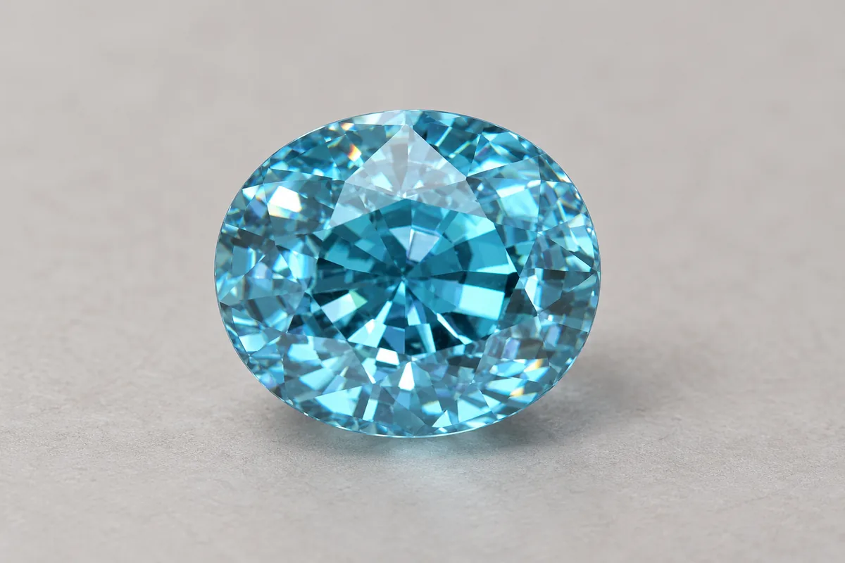 Illustration: a loose oval blue zircon with a slightly greenish blue colour, on a light grey background